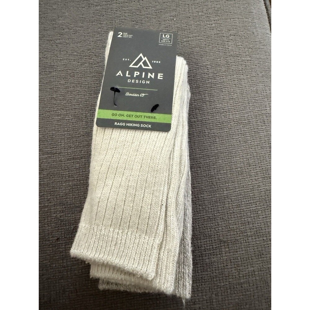 Alpine Design Ragg Hiking Socks 2 Pair Crew Large Wool Blend NWT Beige Grey